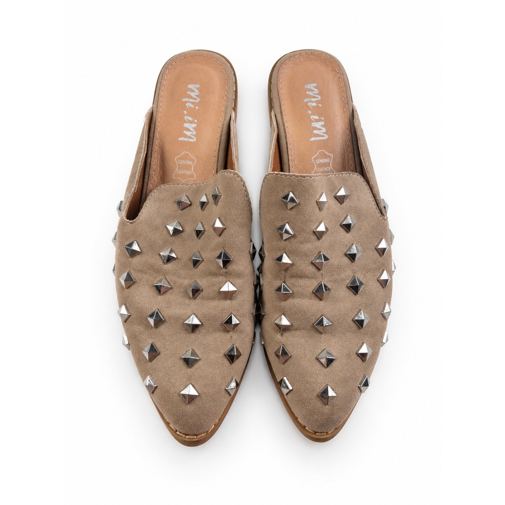 Mi.Im Vintage Y2K Tan Suede Studded Mules Pointed Toe Loafers Women's Size 7